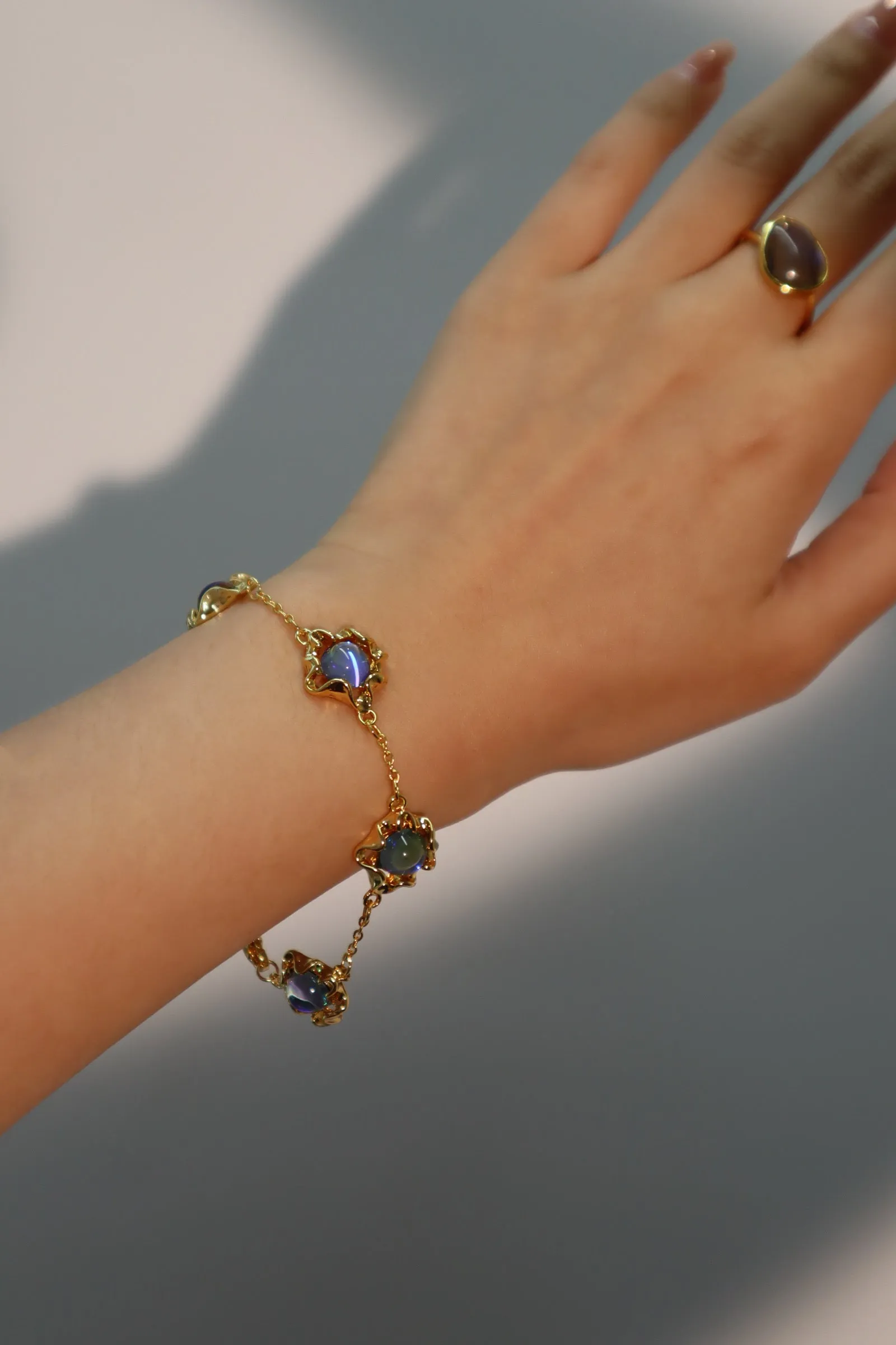 18K Real Gold Plated Multi Deep Blue Moonstones Bracelet