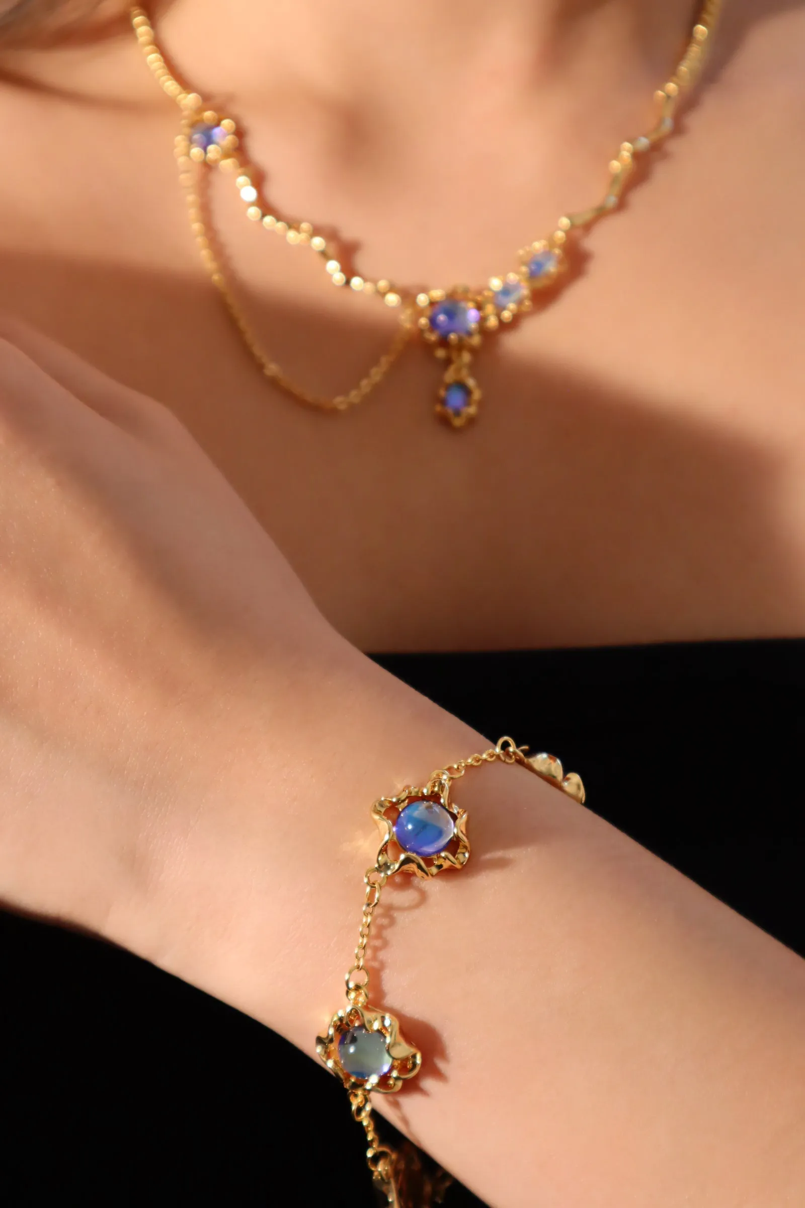 18K Real Gold Plated Multi Deep Blue Moonstones Bracelet