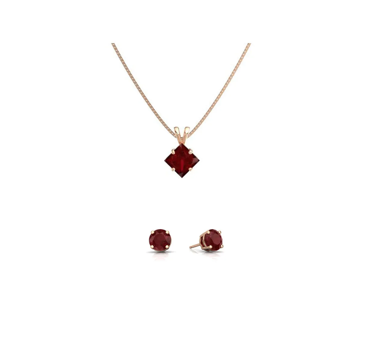 18K Rose Gold 4ct Ruby Princess Cut 18 Inch Necklace and Round Earrings Set Plated