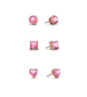 18k Rose Gold Plated 4Cttw  Created Pink Sapphire 3 Pair Round, Square and Heart Stud Earrings