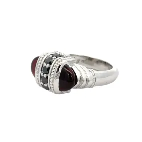 18k White Gold Arch Ring with Garnets and Black Diamonds