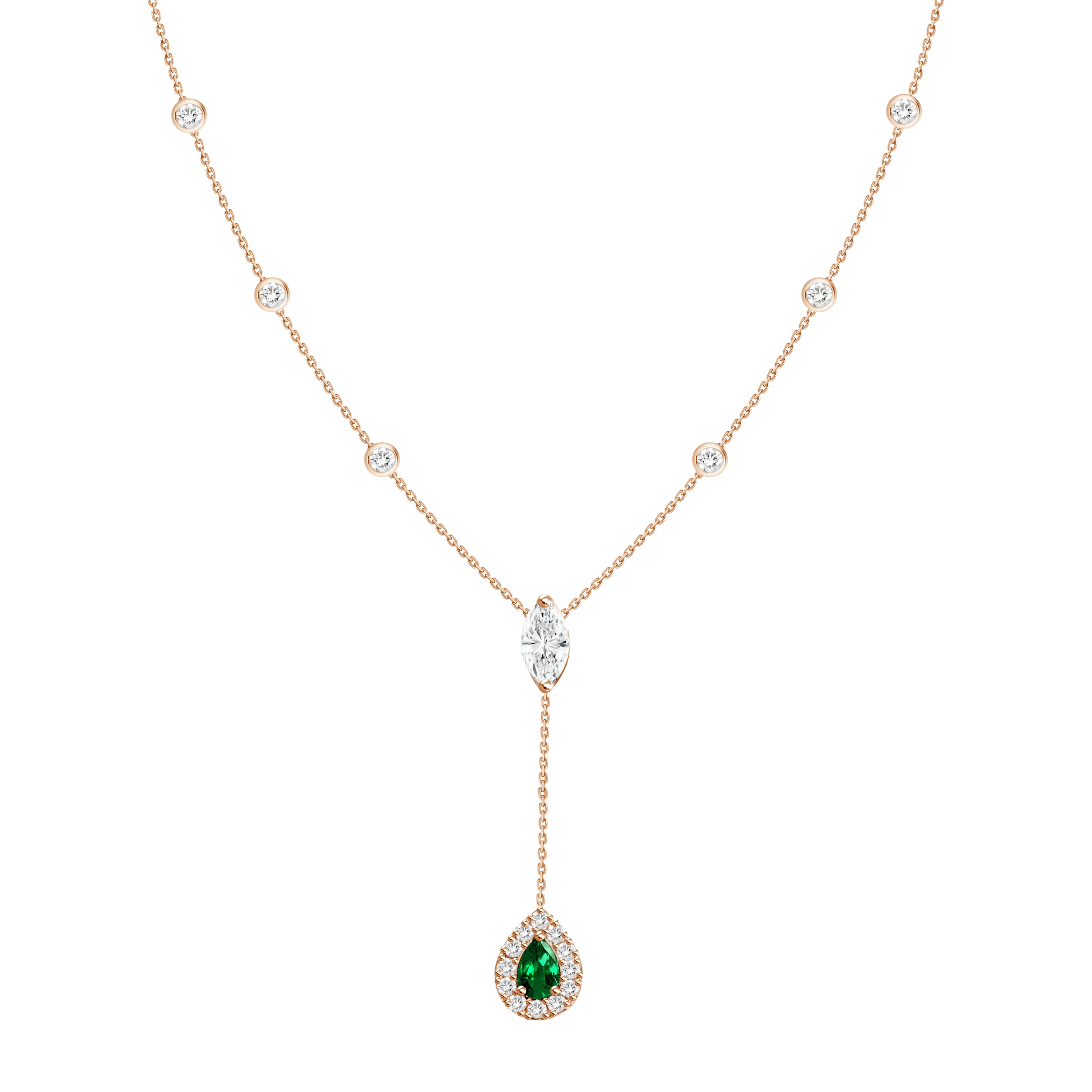 18K White Gold Diamond   Emerald Y Necklace