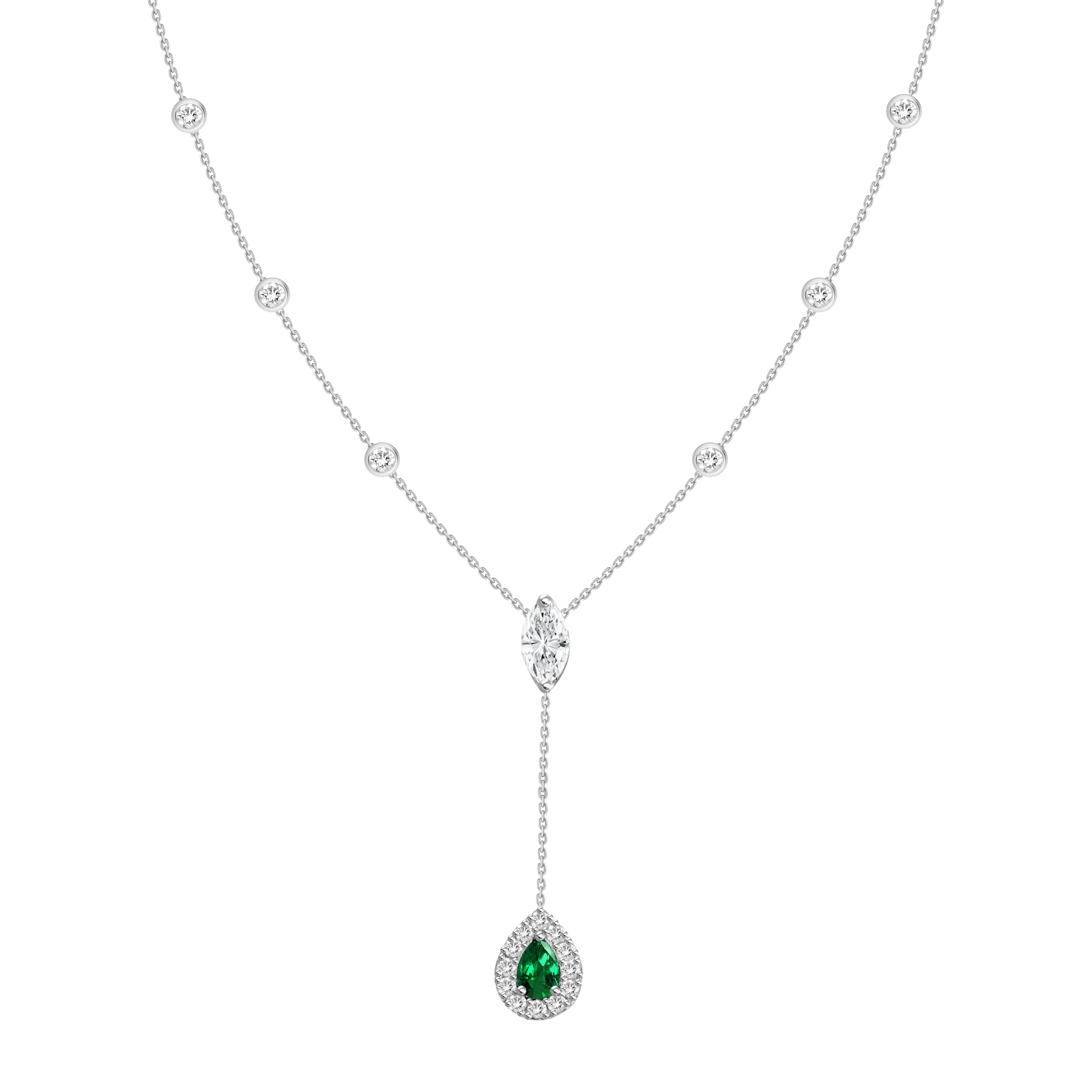 18K White Gold Diamond   Emerald Y Necklace