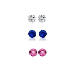 18k White Gold Plated 1/2Ct Created White Sapphire, Blue Sapphire and Pink Sapphire 3 Pair Round Stud Earrings