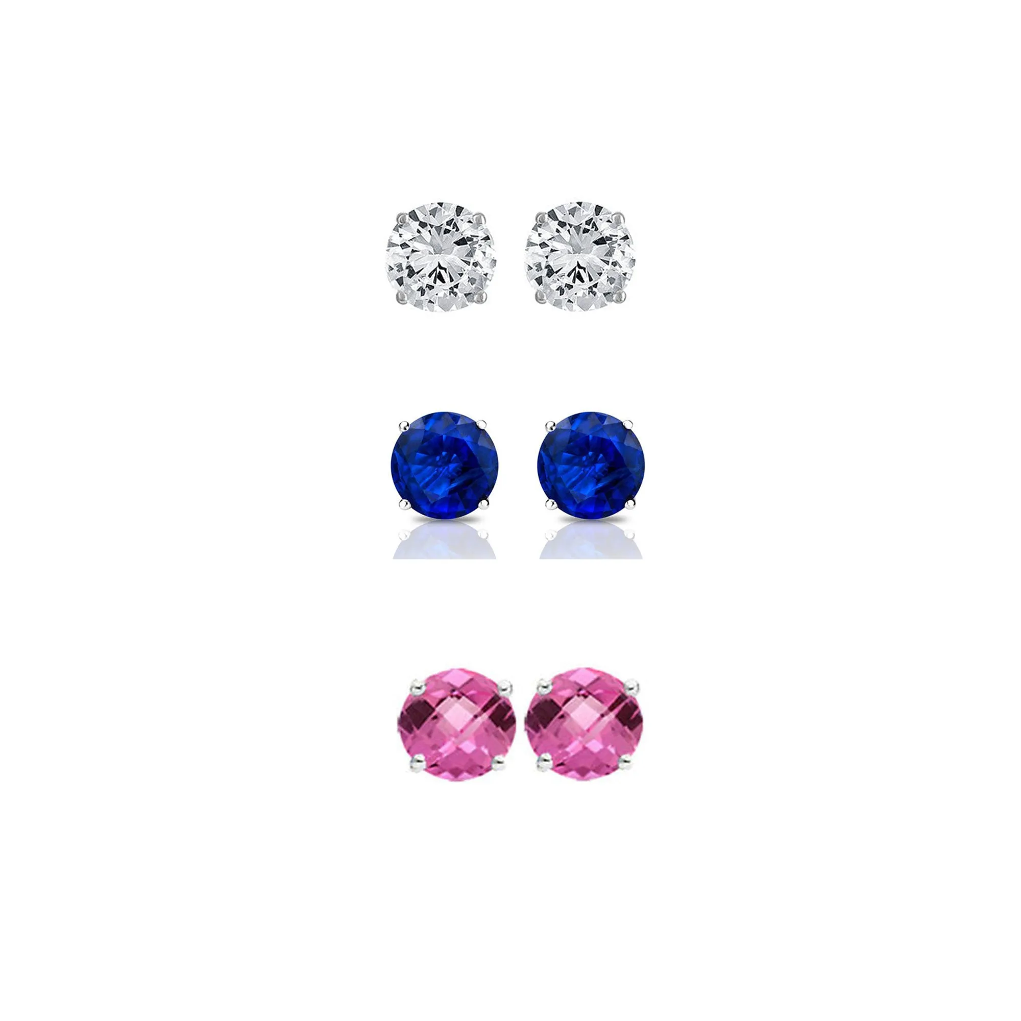 18k White Gold Plated 1/2Ct Created White Sapphire, Blue Sapphire and Pink Sapphire 3 Pair Round Stud Earrings