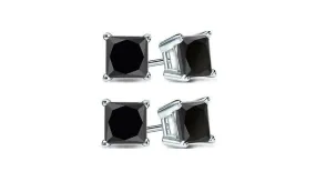 18k White Gold Plated Created Black Sapphire 1/2Ct Princess Cut Pack of Two Stud Earrings