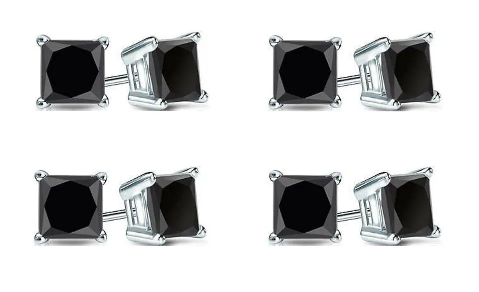 18k White Gold Plated Created Black Sapphire 1Ct Princess Cut Pack of Four Stud Earrings