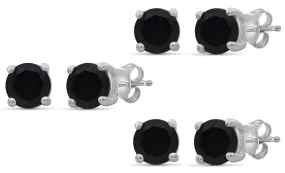 18k White Gold Plated Created Black Sapphire 3Ct Round Set of Three Stud Earrings