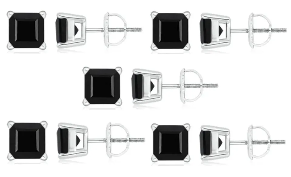 18k White Gold Plated Created Black Sapphire 3Ct Square Cut Pack of Five Stud Earrings