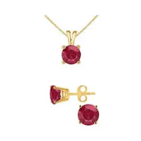 18K Yellow Gold 4ct Ruby Round 18 Inch Necklace and Earrings Set Plated