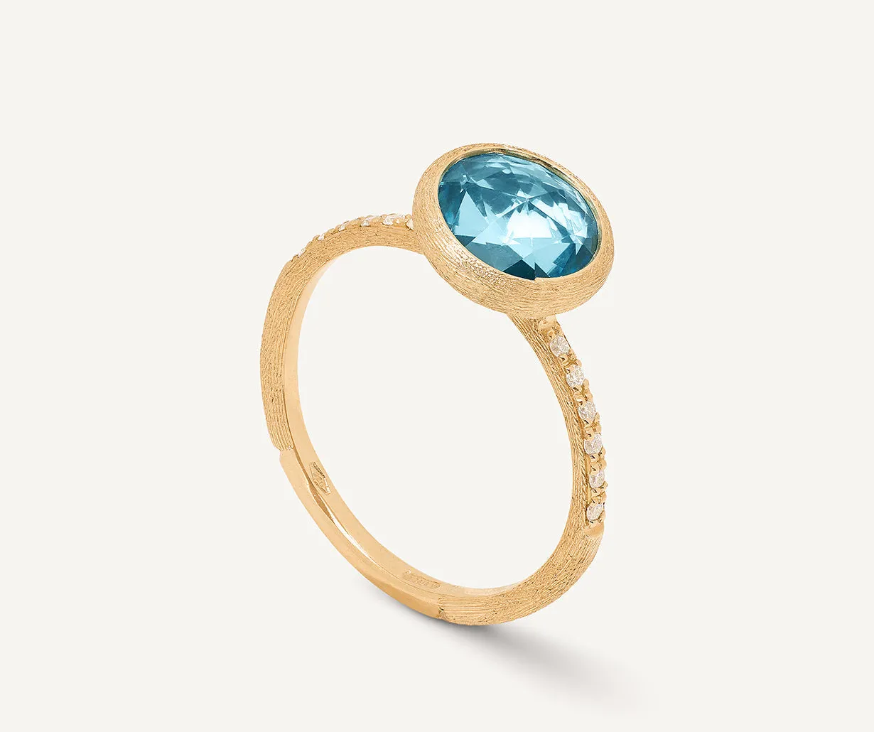 18K Yellow Gold Blue Topaz Ring with Diamond Pavé Shank