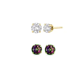 18k Yellow Gold Plated 3Ct Created White Sapphire and Mystic Topaz 2 Pair Round Stud Earrings