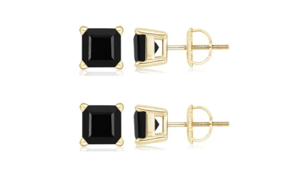 18k Yellow Gold Plated Created Black Sapphire 1 Carat Square Cut Pack of Two Stud Earrings