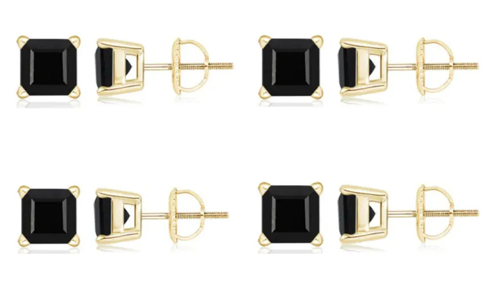 18k Yellow Gold Plated Created Black Sapphire 4Carat Square Cut Pack of Four Stud Earrings