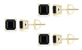 18k Yellow Gold Plated Created Black Sapphire 4Carat Square Cut Pack of Three Stud Earrings