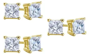 18k Yellow Gold Plated Created White Sapphire 2 Carat Square Cut Pack of Three Stud Earrings