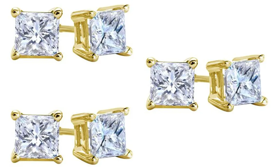 18k Yellow Gold Plated Created White Sapphire 3 Carat Square Cut Pack of Three Stud Earrings