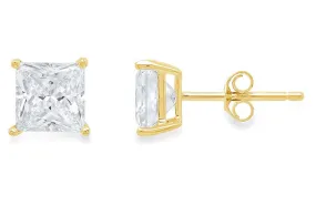 18k Yellow Gold Plated Created White Sapphire 4 Carat Princess Cut Stud Earrings