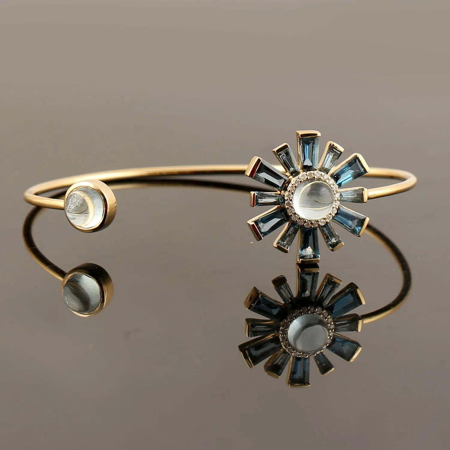 18k Yellow Gold Topaz & Aquamarine Floral Design Pave Diamond Open Cuff Bracelet For Her