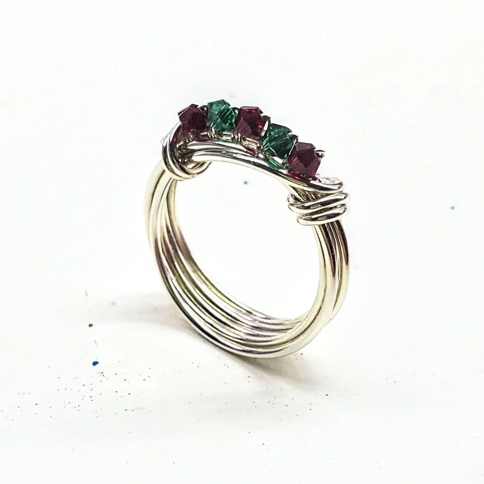 2024 Limited Edition Silver Wire Wrapped Red Green Crystal Christmas Holiday Ring