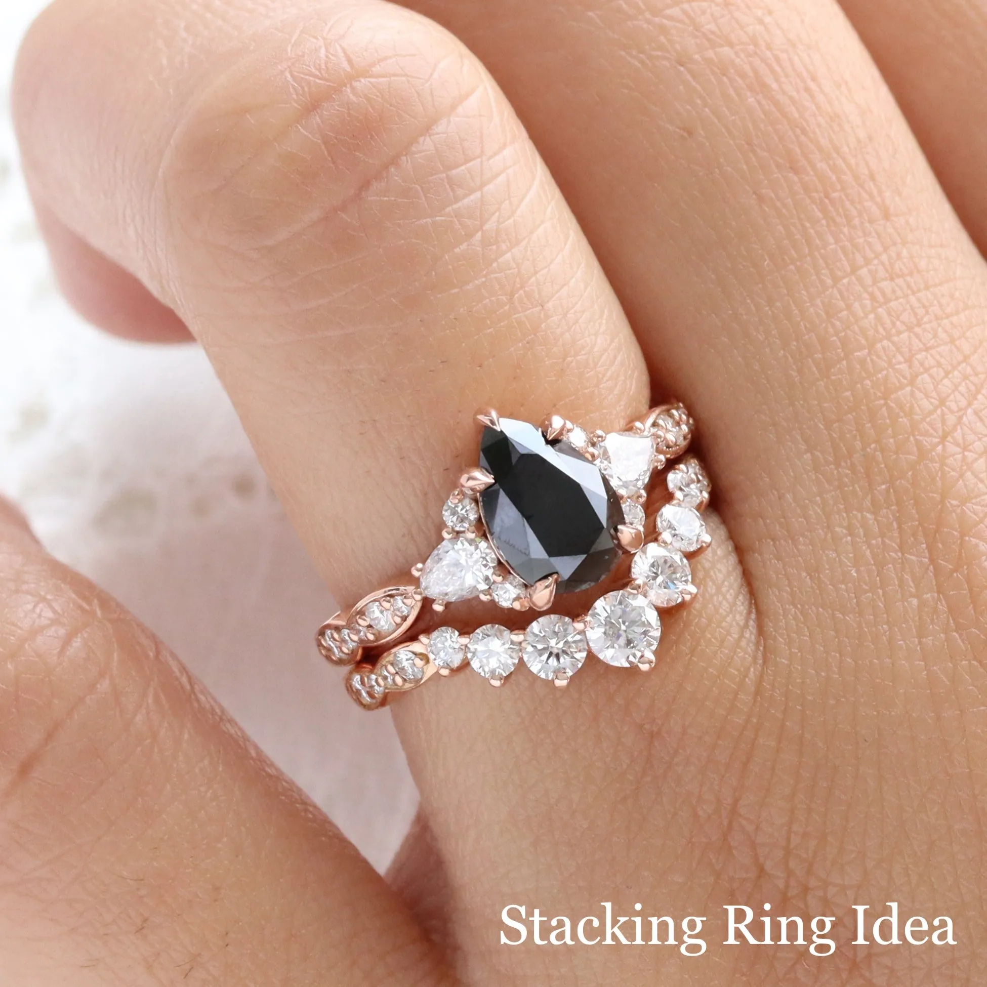 2.2 Ct. Pear Black Diamond Ring in Dahlia 3 Stone Diamond Band