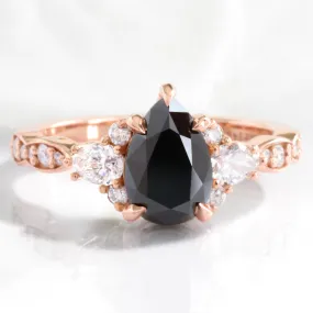 2.2 Ct. Pear Black Diamond Ring in Dahlia 3 Stone Diamond Band