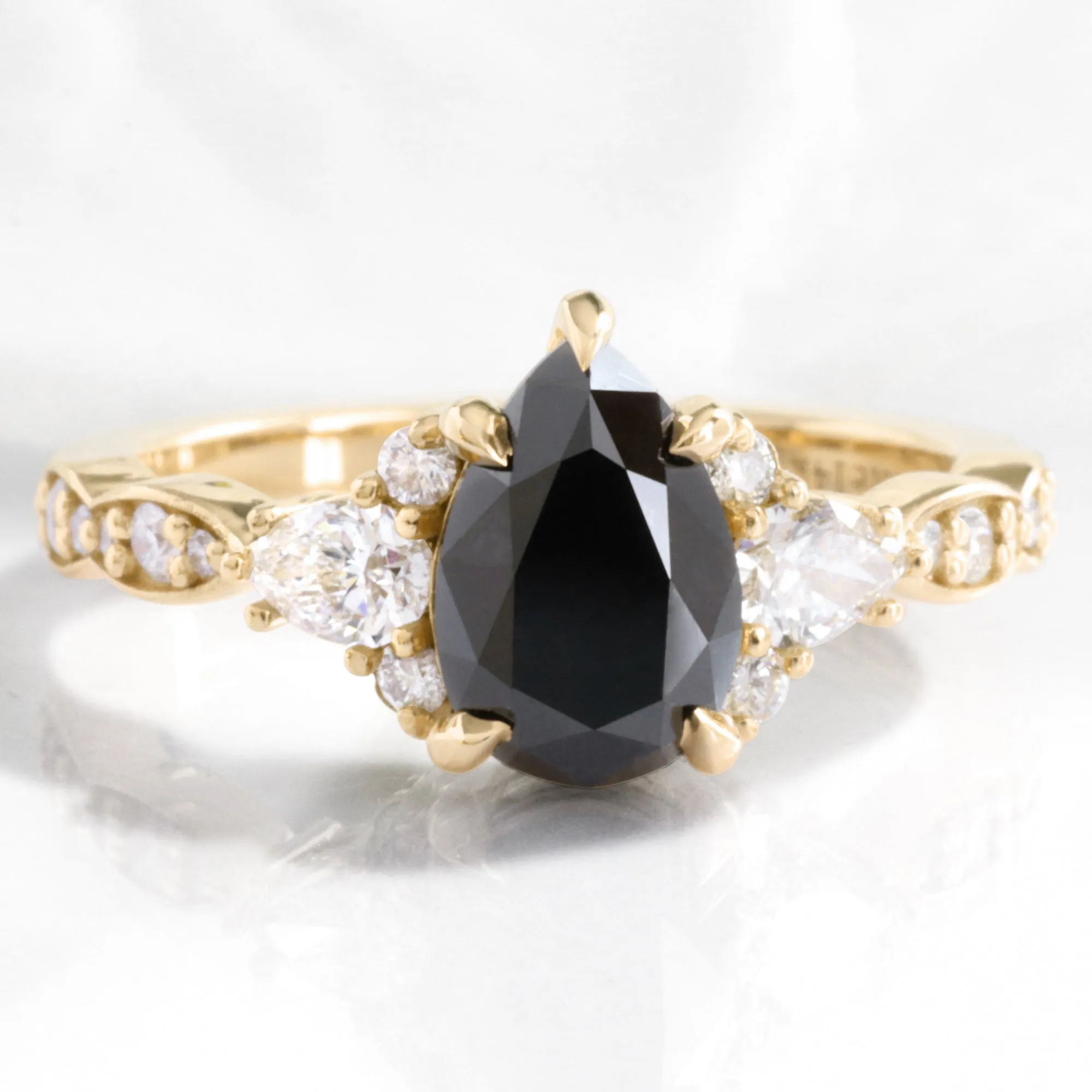 2.2 Ct. Pear Black Diamond Ring in Dahlia 3 Stone Diamond Band