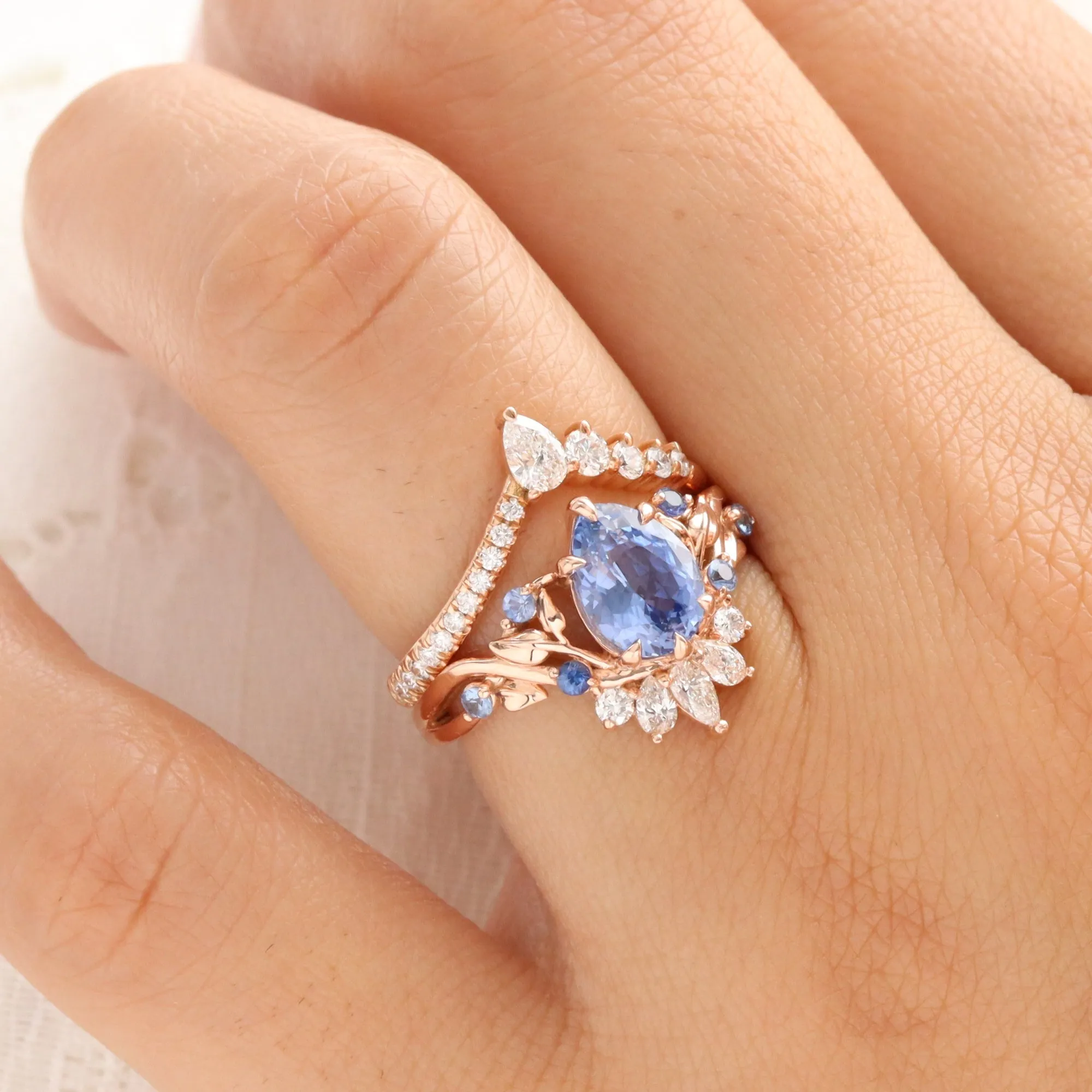 2.25 Ct Pear Aqua Blue Sapphire Ring in 14k Rose Gold Peacock Floral Leaf Diamond Size 6.75