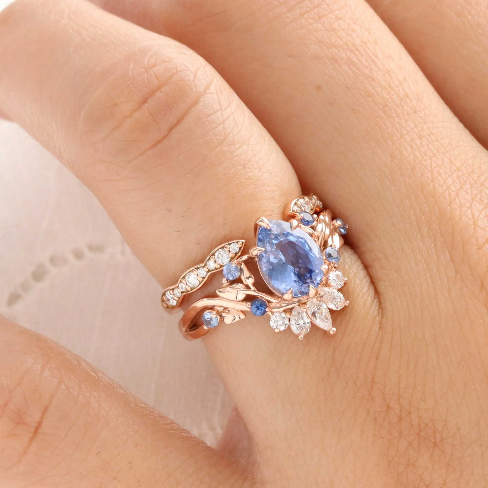 2.25 Ct Pear Aqua Blue Sapphire Ring in 14k Rose Gold Peacock Floral Leaf Diamond Size 6.75