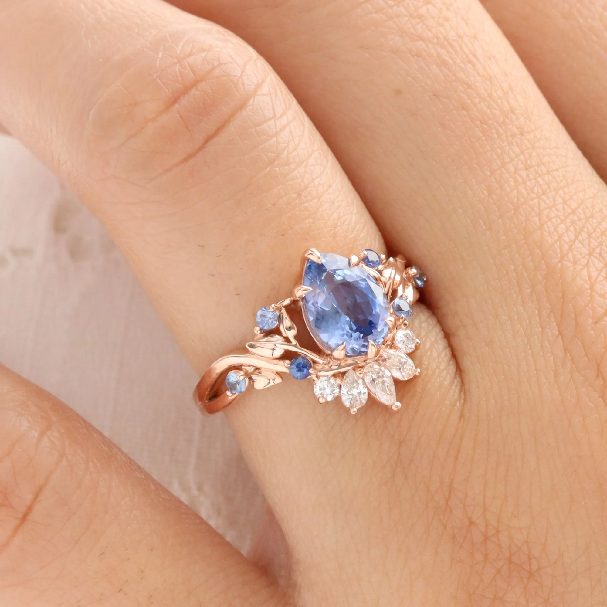 2.25 Ct Pear Aqua Blue Sapphire Ring in 14k Rose Gold Peacock Floral Leaf Diamond Size 6.75