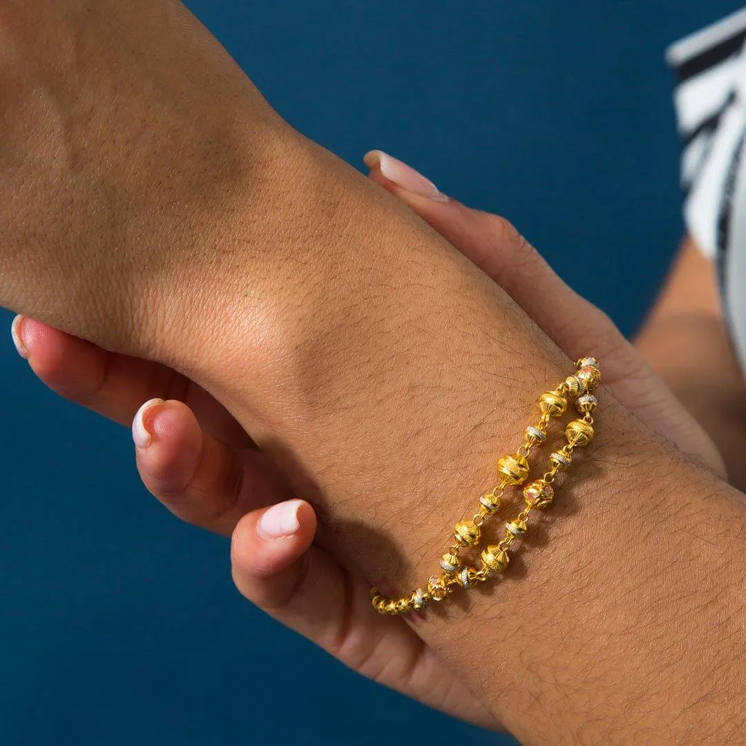 22K Multi Tone Gold Bracelet W/ CZ Gems & Semi-Split Textured Bicone Beaded Strand