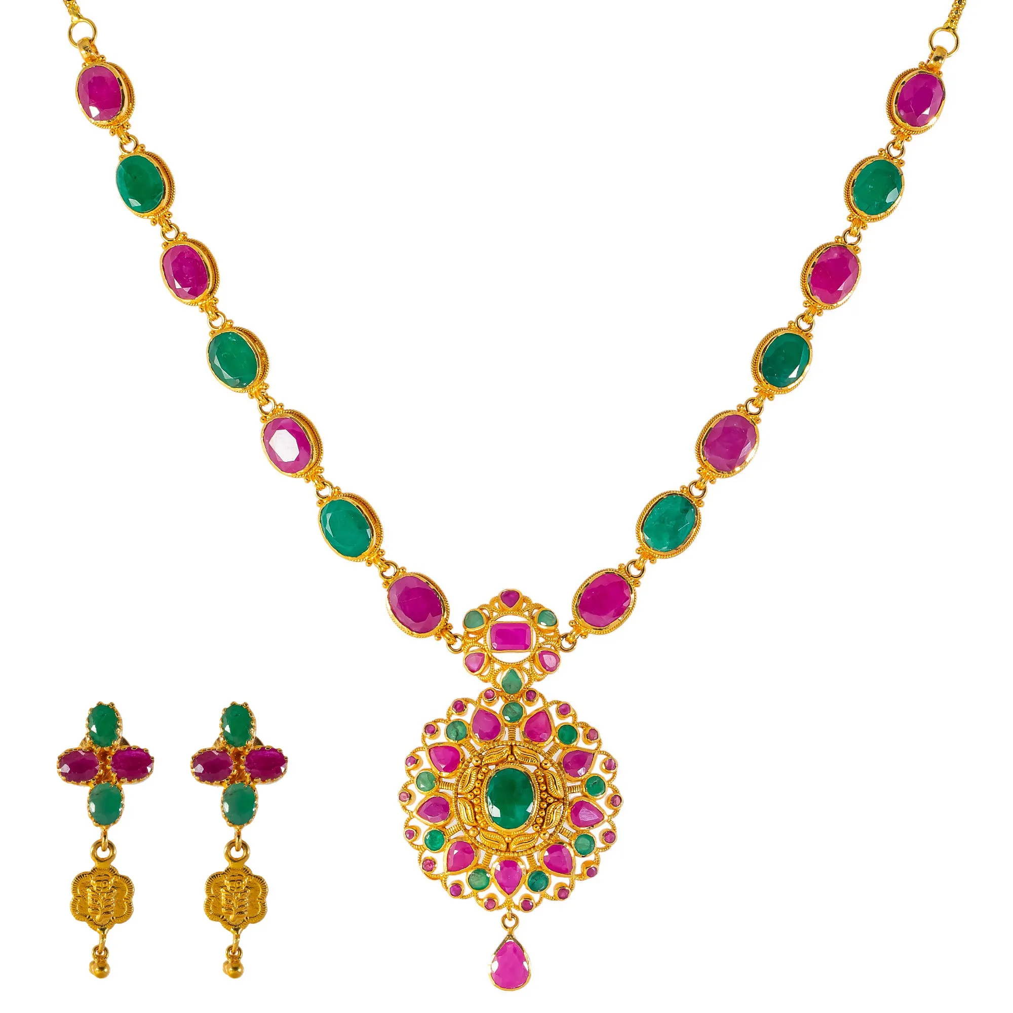 22k Yellow Gold & Gemstone Necklace Set (44gm)