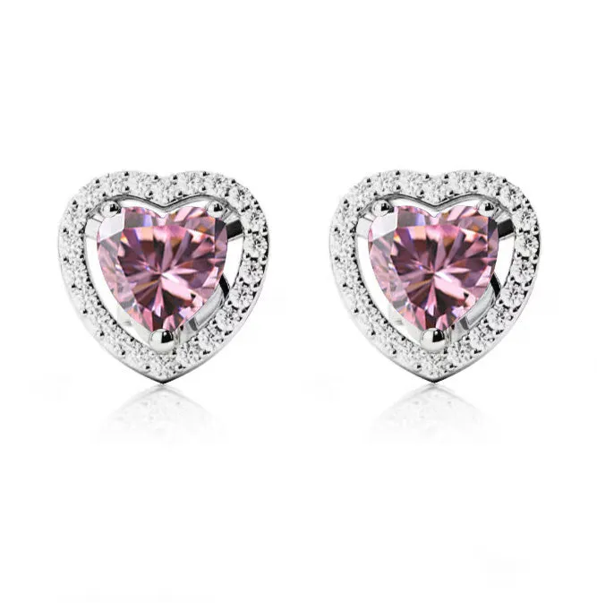 24k White  Gold Plated 1/2 Ct Created Halo Heart Pink Sapphire Stud Earrings