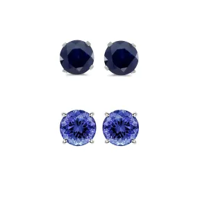 24k White Gold Plated 1Ct Created Black Sapphire and Tanzanite 2 Pair Round Stud Earrings