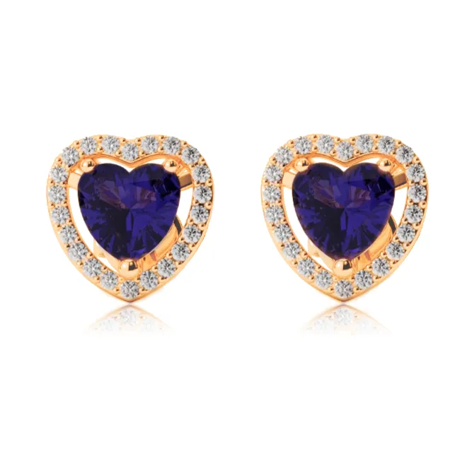 24k Yellow Gold Plated 1 Ct Created Halo Heart Blue Sapphire Stud Earrings