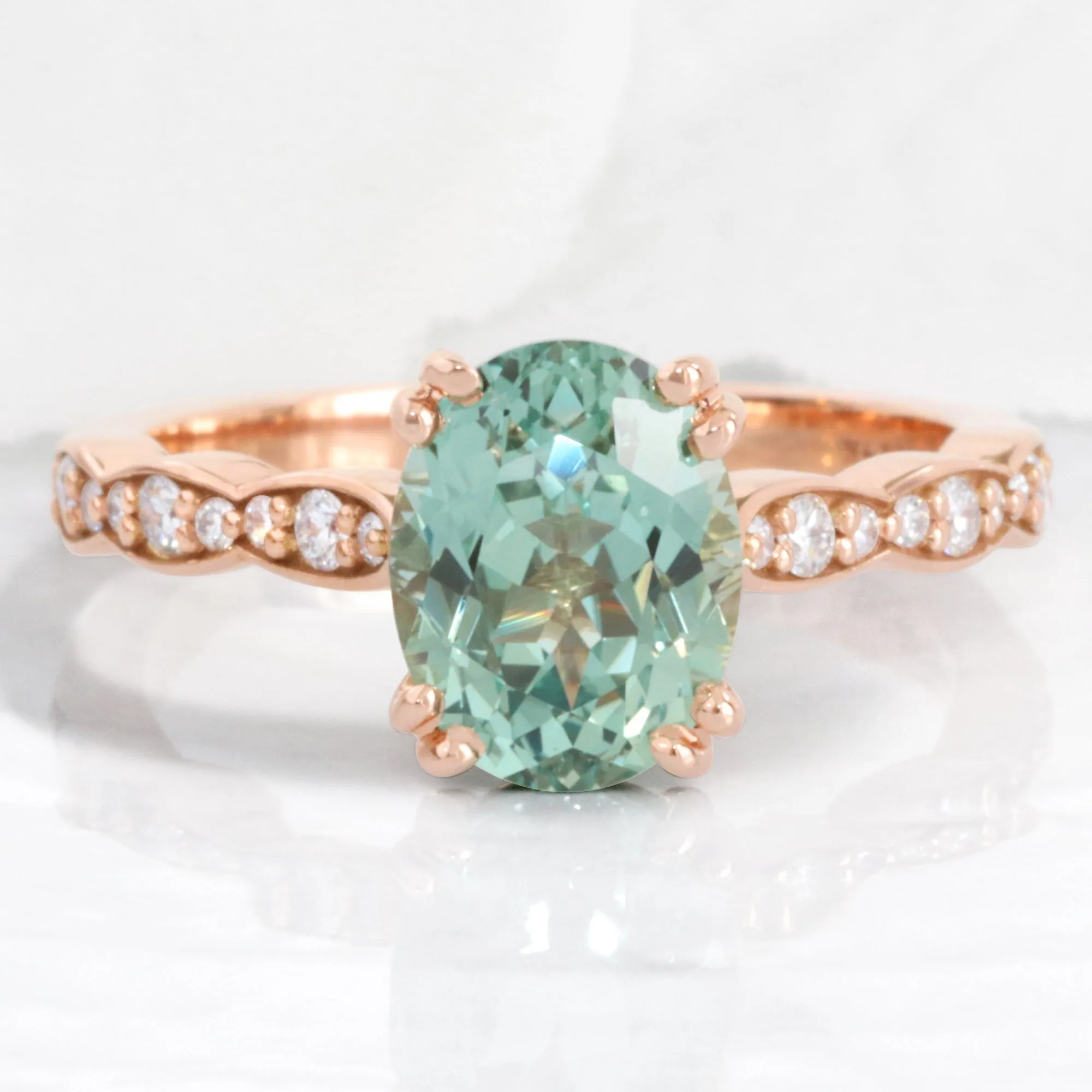 2.55 Ct. Oval Green Sapphire Ring in Grace Solitaire Diamond Scalloped Band