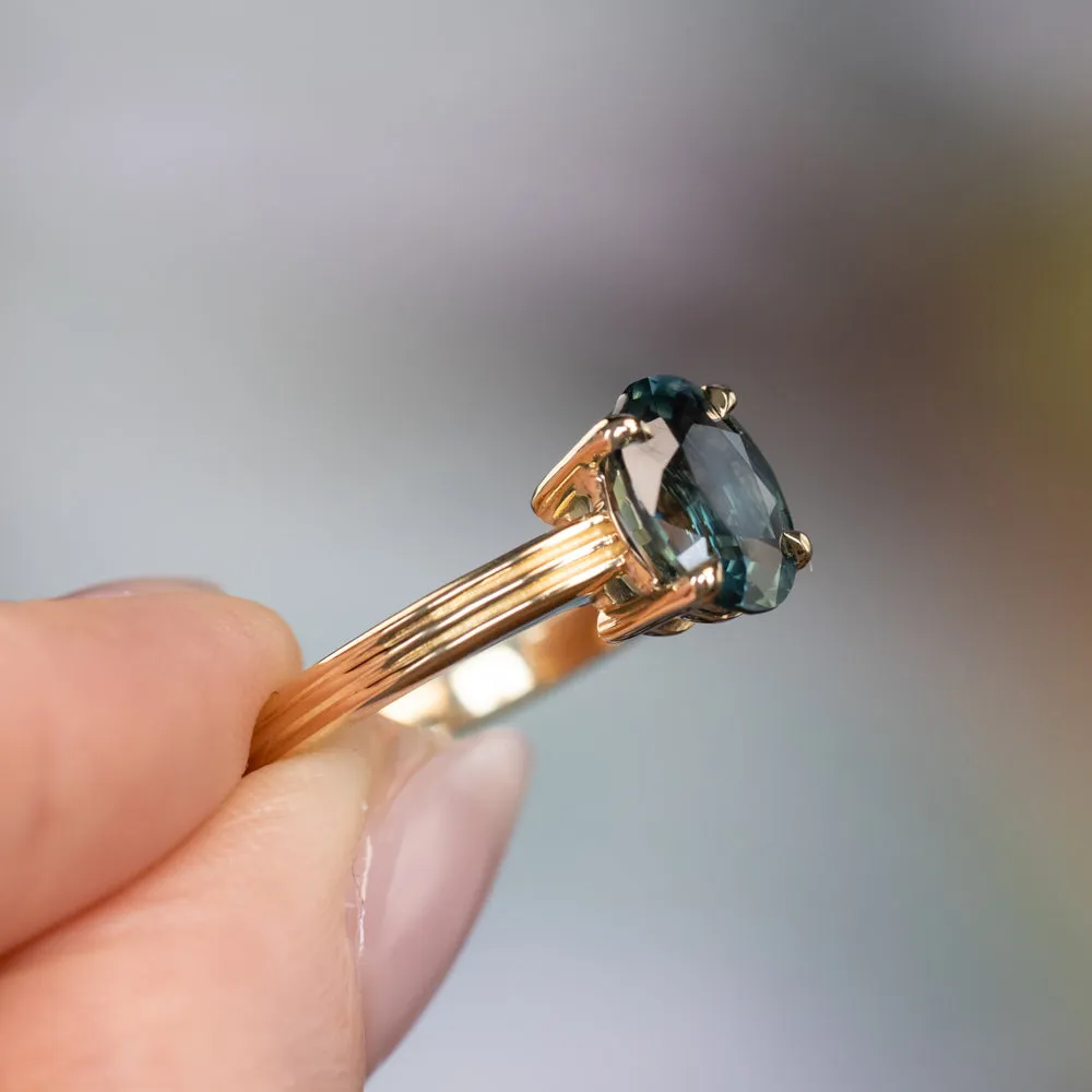 2.58ct Untreated Teal Oval Madagascar Sapphire Low Profile Tri-Band "Three Winds" 4 Prong Solitaire in 14k Yellow Gold