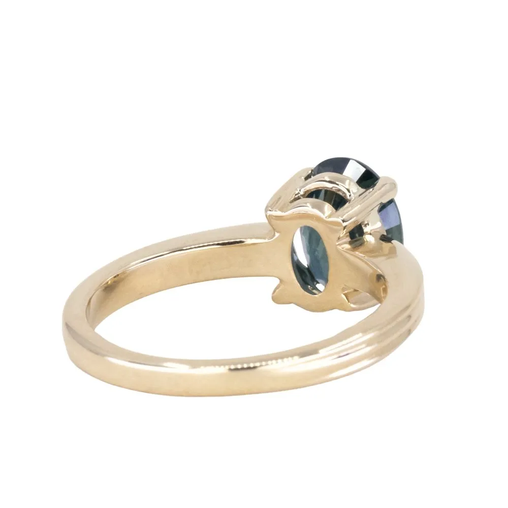 2.58ct Untreated Teal Oval Madagascar Sapphire Low Profile Tri-Band "Three Winds" 4 Prong Solitaire in 14k Yellow Gold