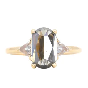 3.02ct Elongated Cushion Rosecut Diamond and Trillion Diamond Three Stone Ring in 18k Yellow Gold