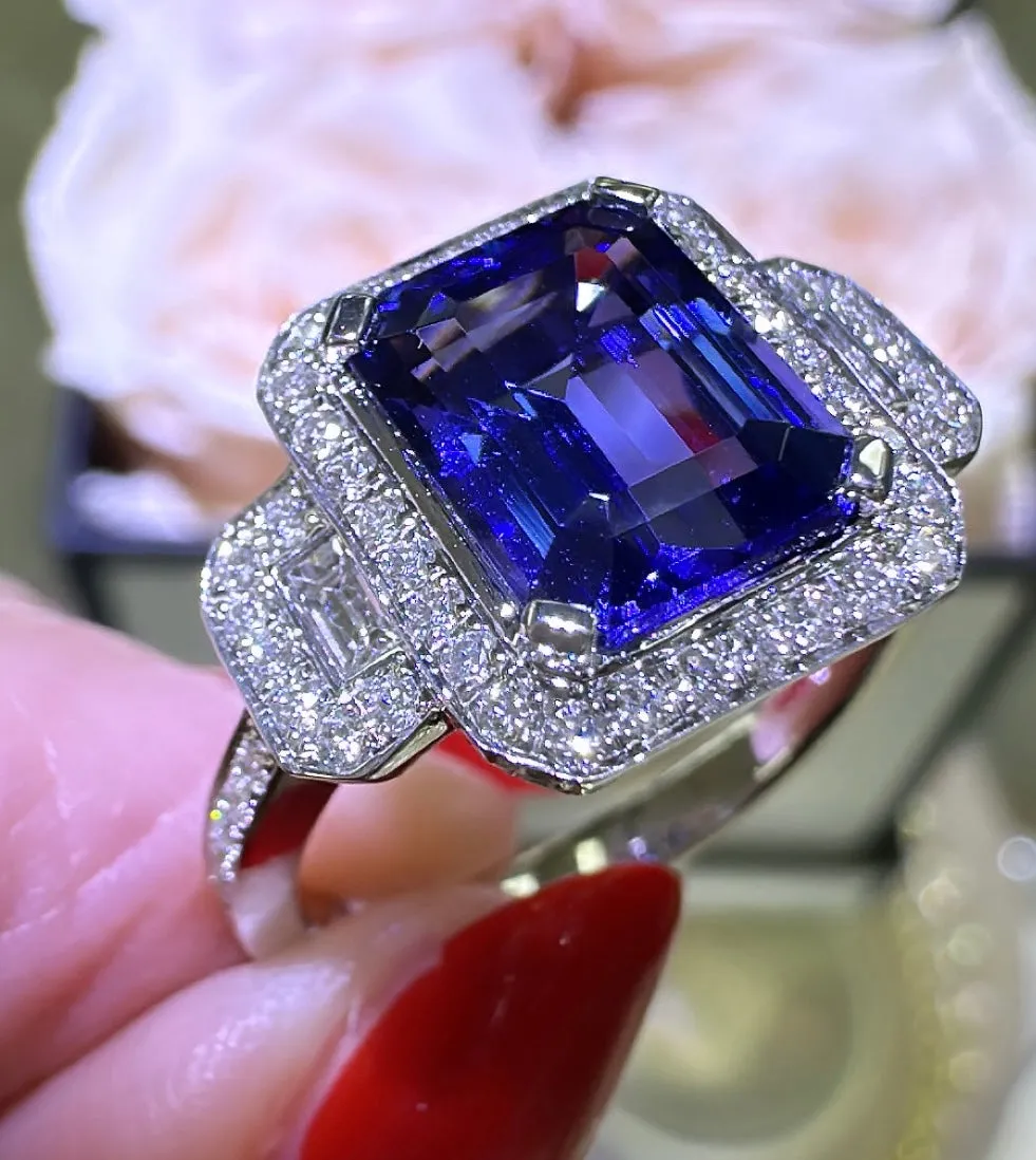 3.26carat Tanzanite Emerald Cut Center Three Stone Diamond Ring