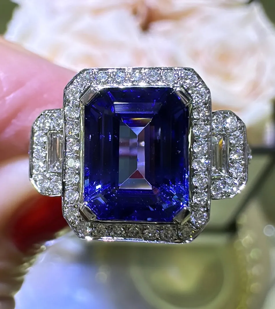 3.26carat Tanzanite Emerald Cut Center Three Stone Diamond Ring