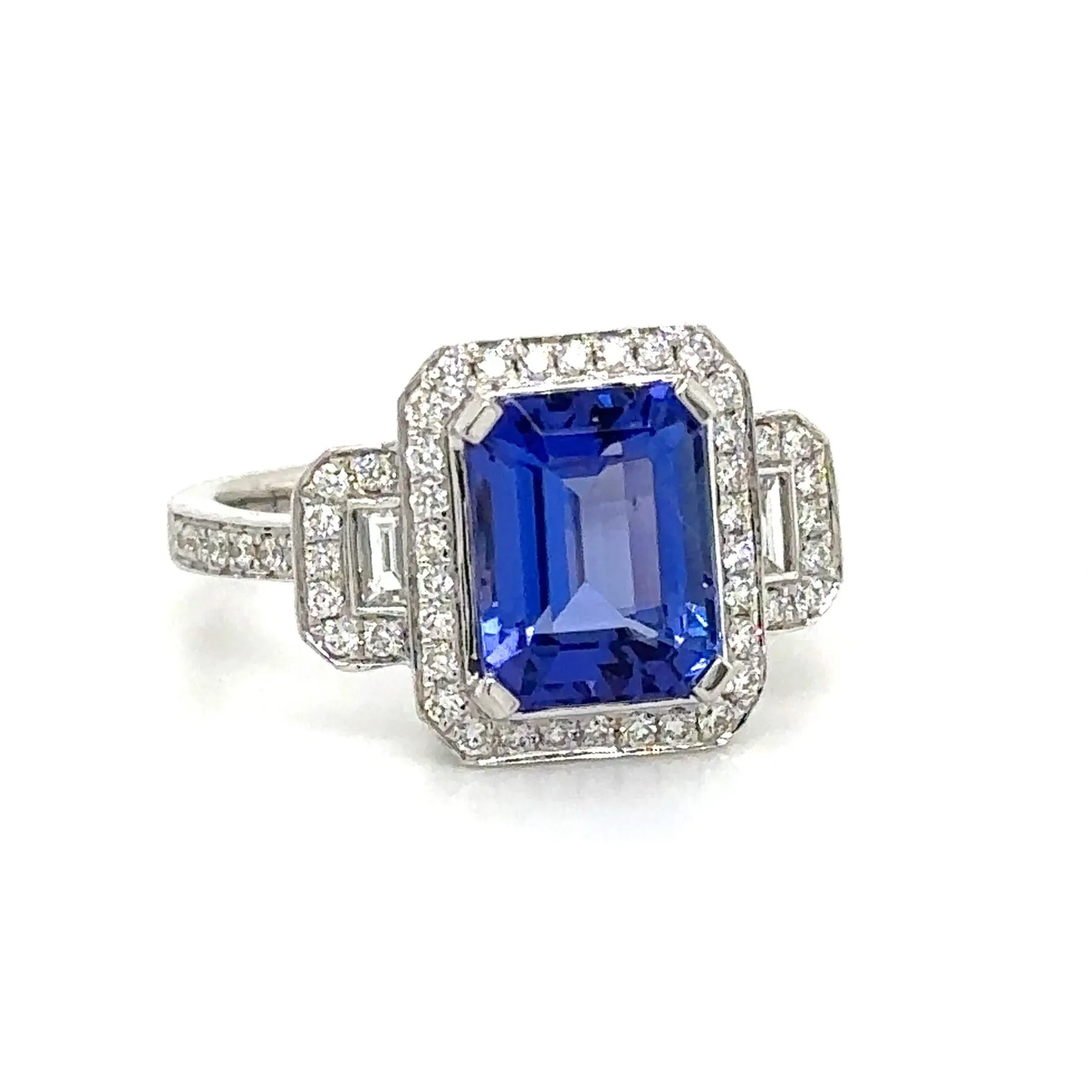 3.26carat Tanzanite Emerald Cut Center Three Stone Diamond Ring