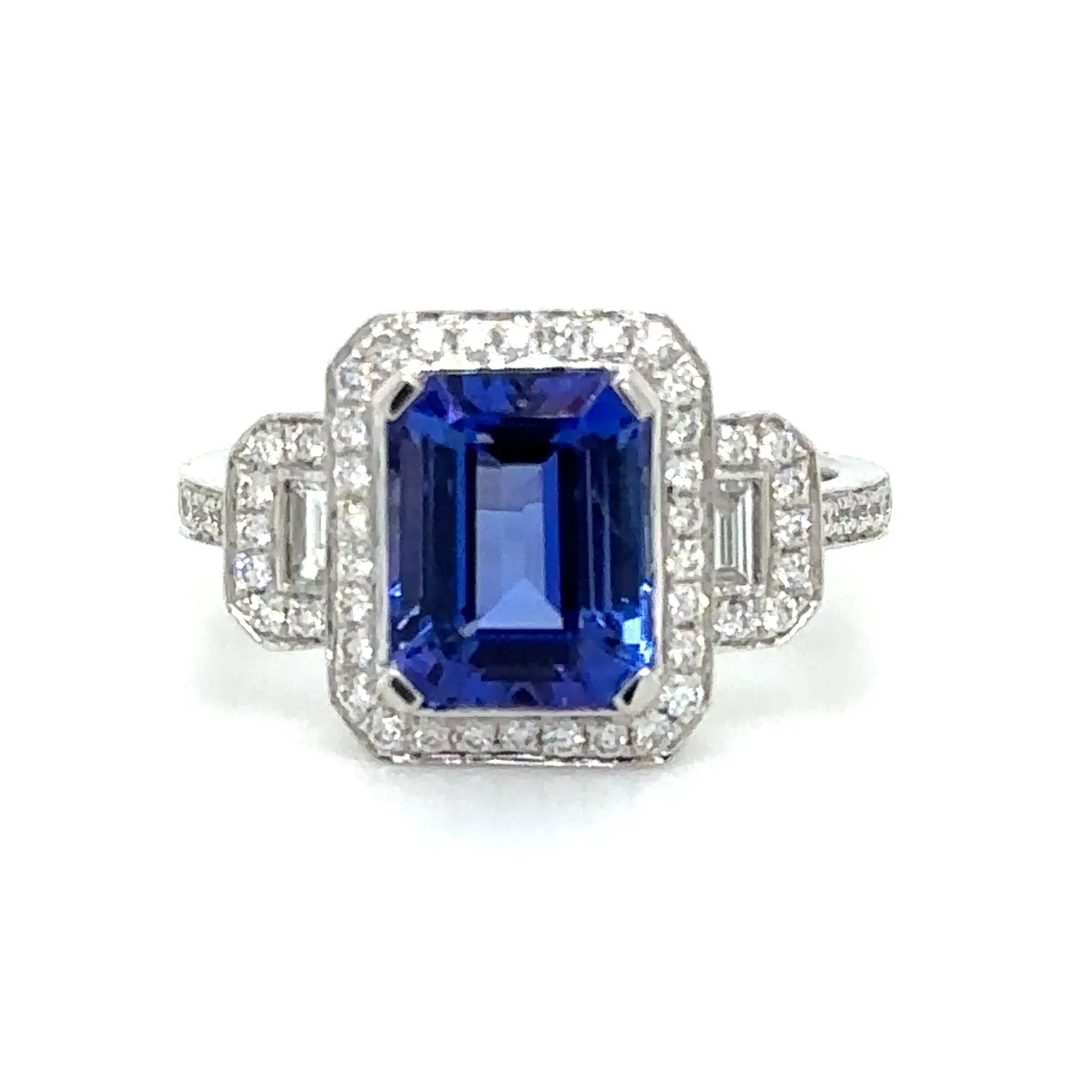 3.26carat Tanzanite Emerald Cut Center Three Stone Diamond Ring