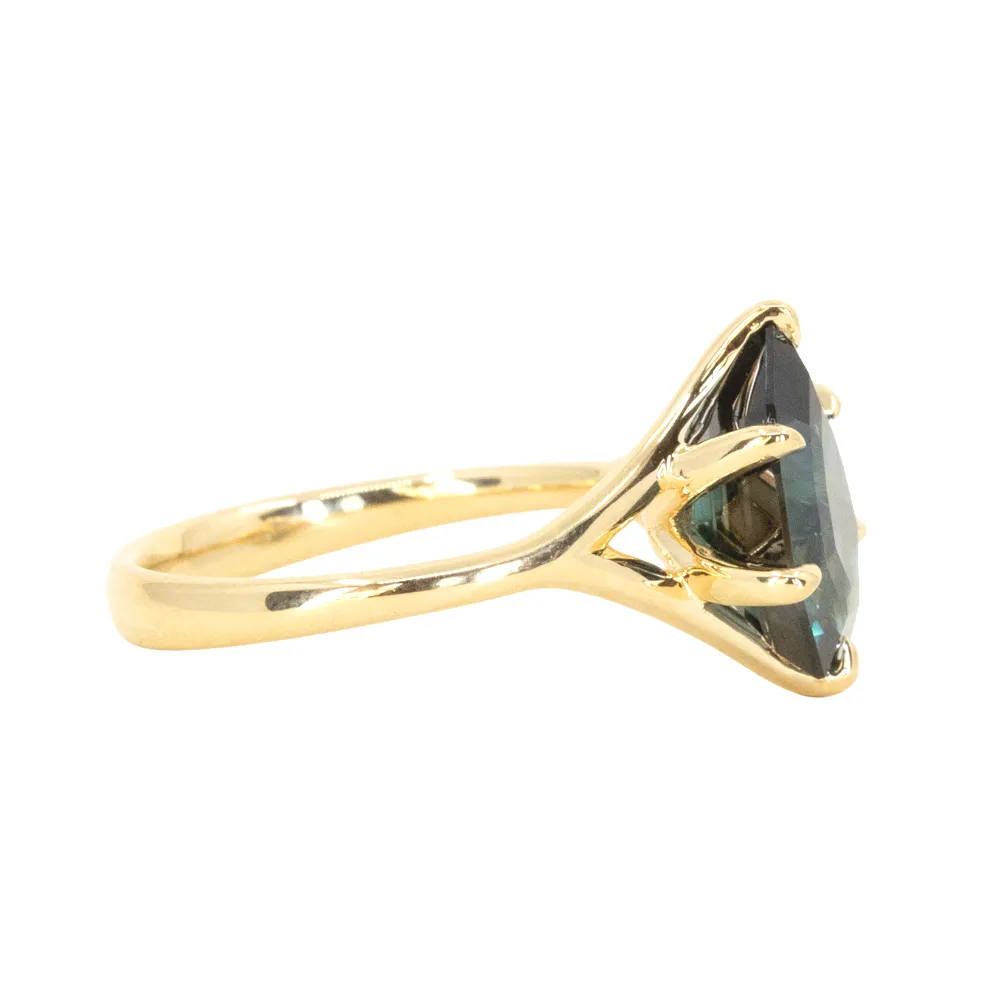 3.84ct Shield Blue Sapphire Six Prong Split Shank Solitaire in 18k Yellow Gold