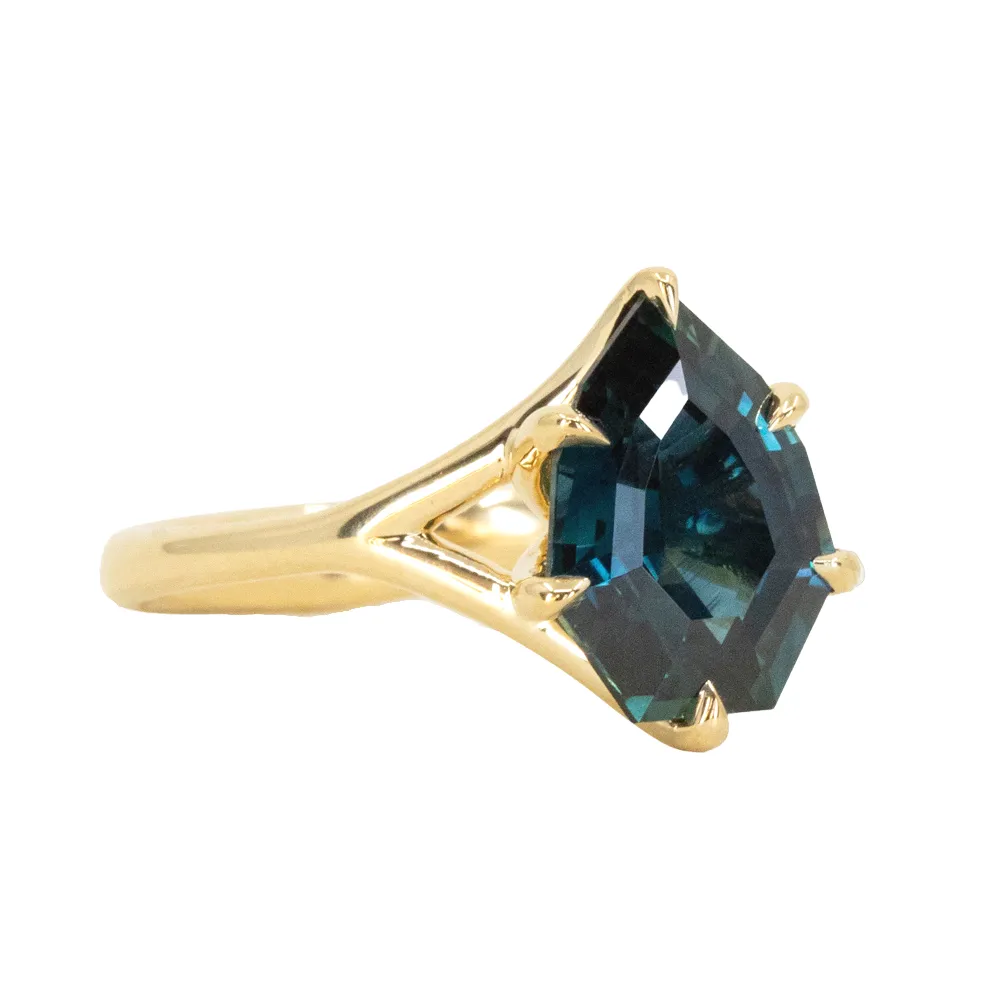 3.84ct Shield Blue Sapphire Six Prong Split Shank Solitaire in 18k Yellow Gold