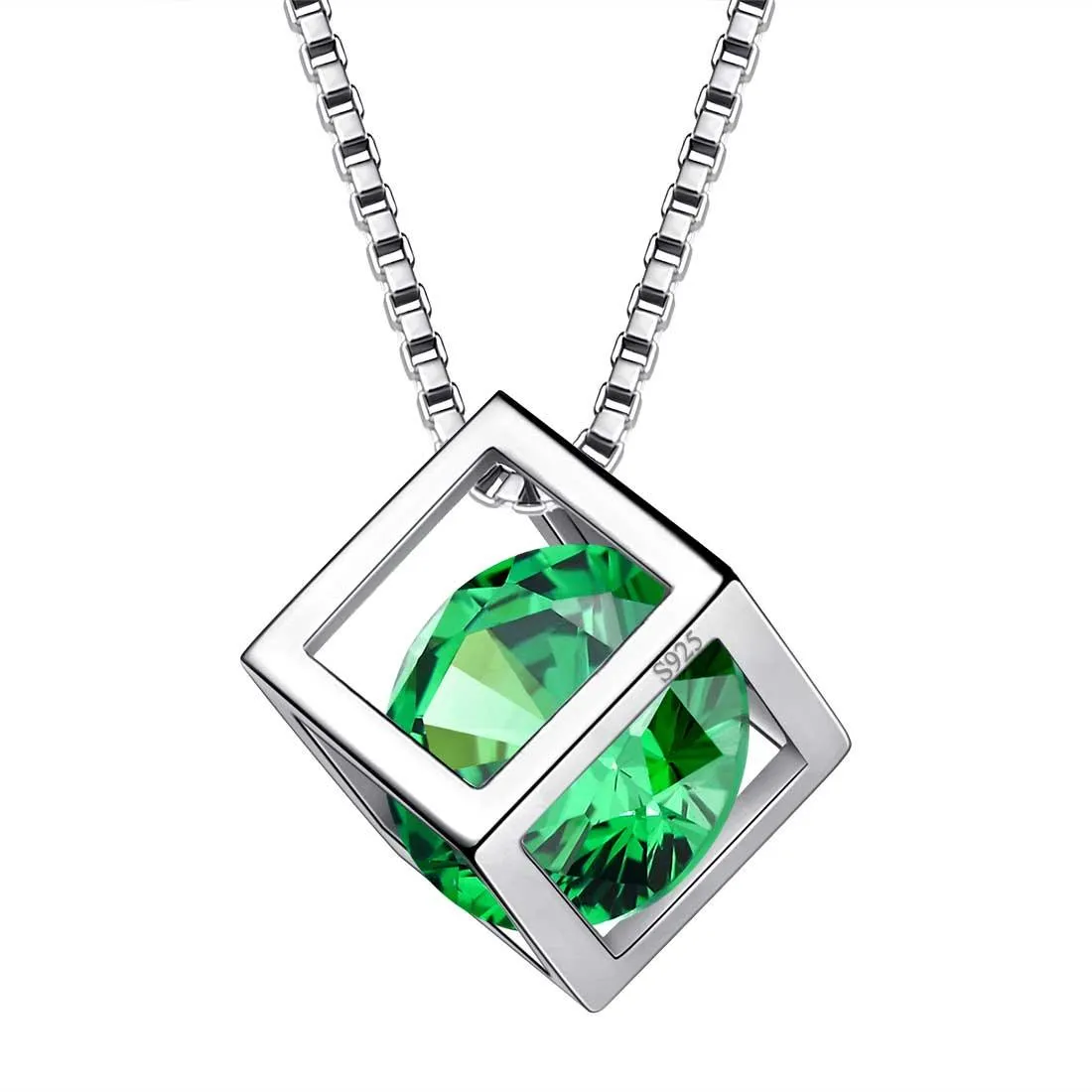 3D Cube Birthstone May Emerald Necklace Pendant Women Girls Jewelry Birthday Gift