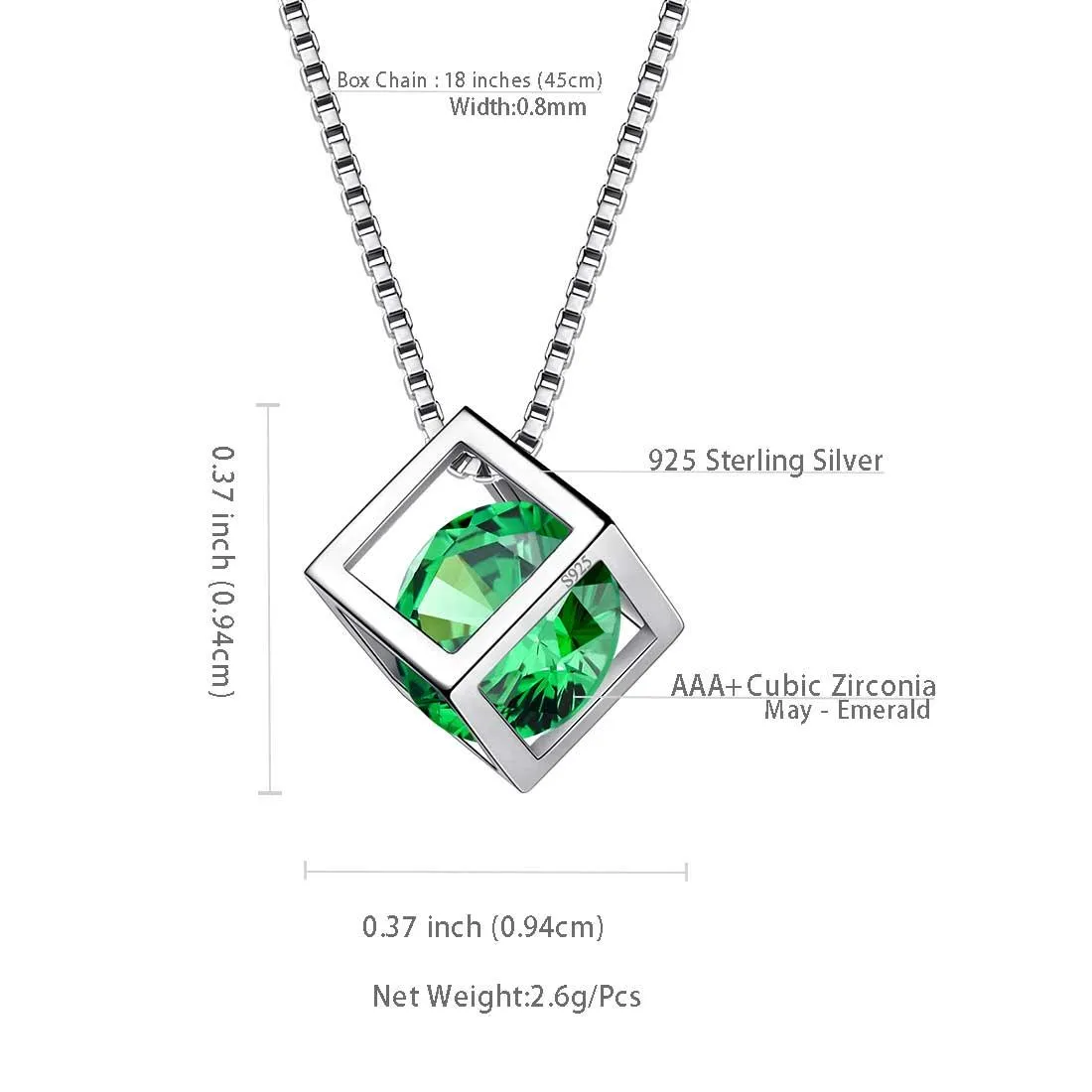 3D Cube Birthstone May Emerald Necklace Pendant Women Girls Jewelry Birthday Gift