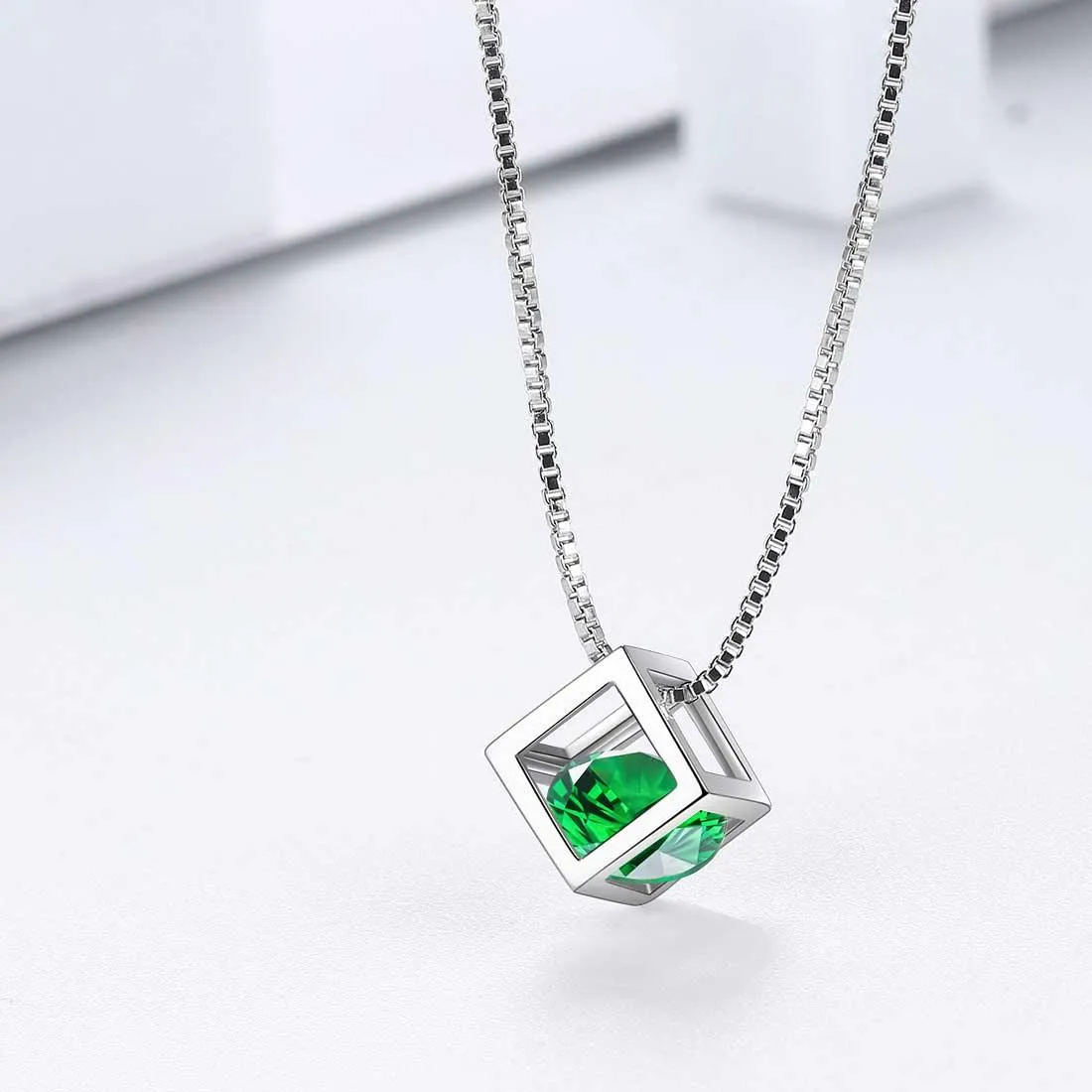 3D Cube Birthstone May Emerald Necklace Pendant Women Girls Jewelry Birthday Gift