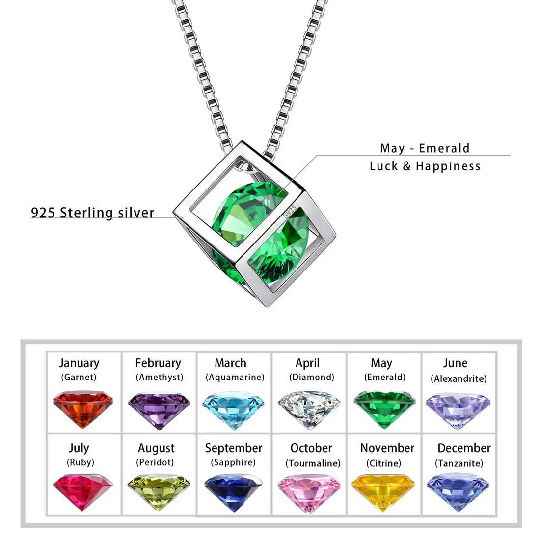 3D Cube Birthstone May Emerald Necklace Pendant Women Girls Jewelry Birthday Gift