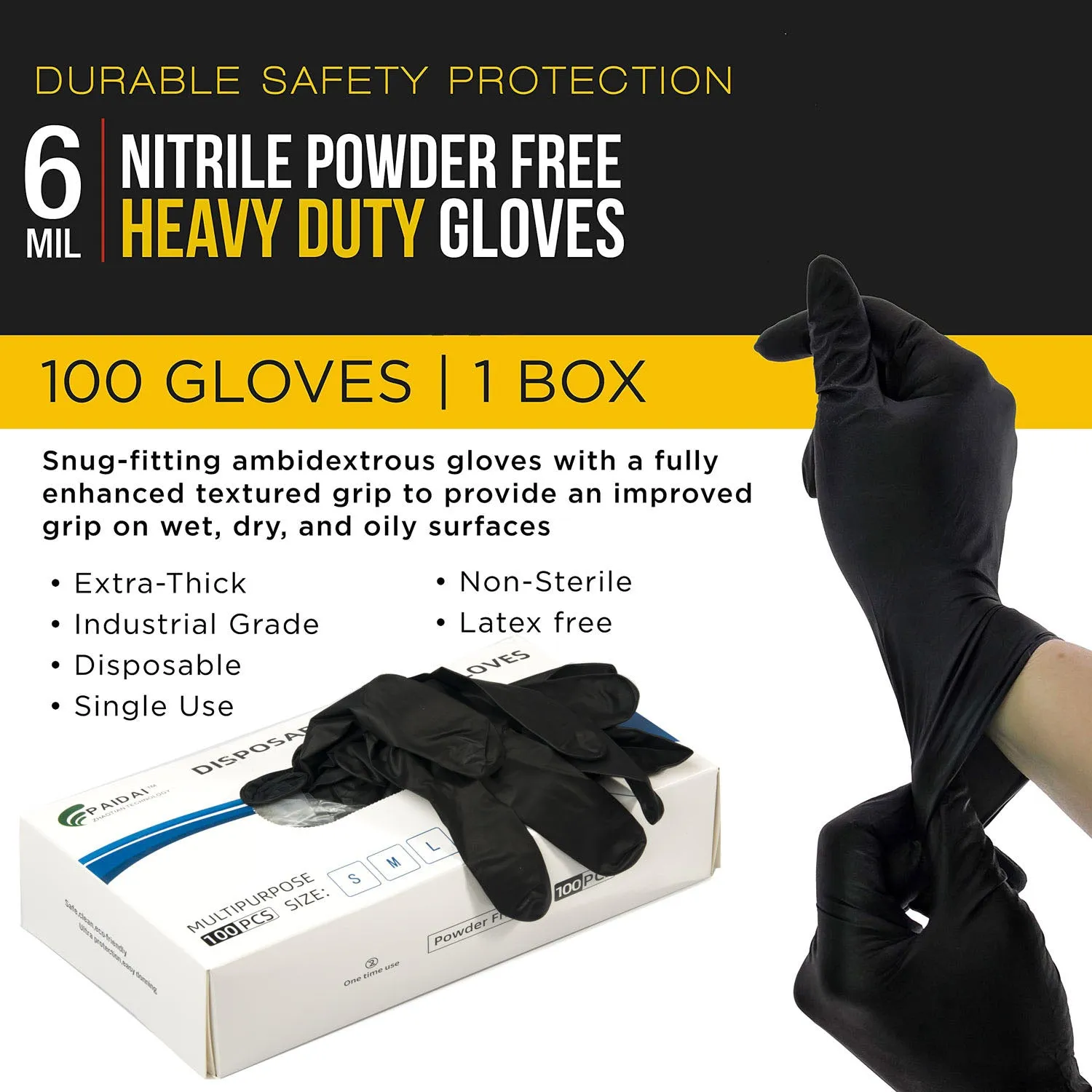 6 Mil Black Nitrile Industrial Disposable Gloves, 100-Pack